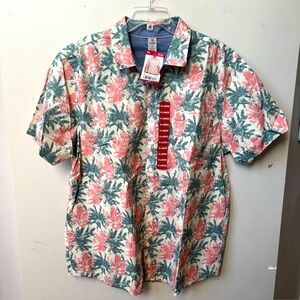 Hurley Tropical Print Button Down Shirt - Coral and Teal